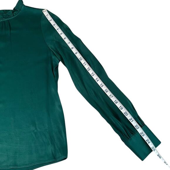 Rachel Parcell Satin Green High Neck Blouse Size S | Ruffle Trim Long Sleeve - Picture 7 of 12